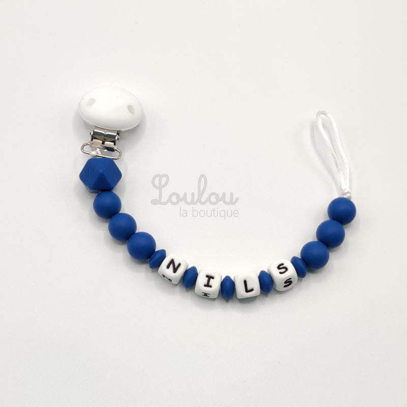 Attache tétine personnalisée 66 - Cadeau naissance - Attache sucette avec prénom sans BPA fait main avec perles bleu, silicone - www.louloulaboutique.com - Accessoire bébé éveil