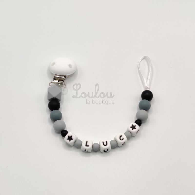 Attache tétine personnalisée 71 - Cadeau naissance -  Attache sucette avec prénom sans BPA fait main avec perles gris, noir, silicone - www.louloulaboutique.com - Accessoire bébé éveil
