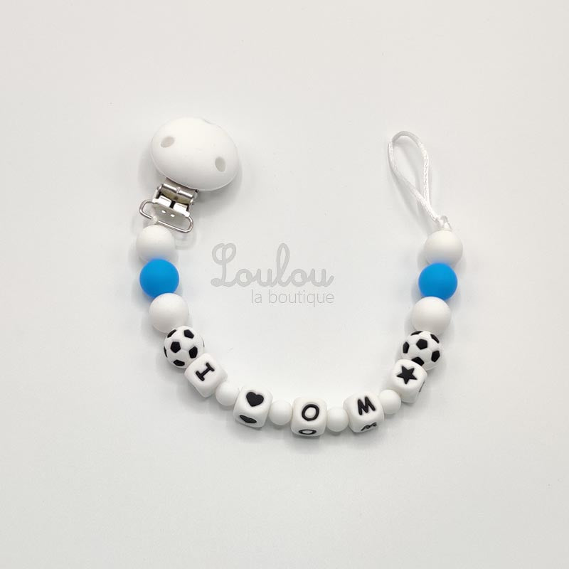 Attache tétine personnalisée 72 - Cadeau naissance -  Attache sucette avec prénom sans BPA fait main avec perles bleu, foot, silicone - www.louloulaboutique.com - Accessoire bébé éveil