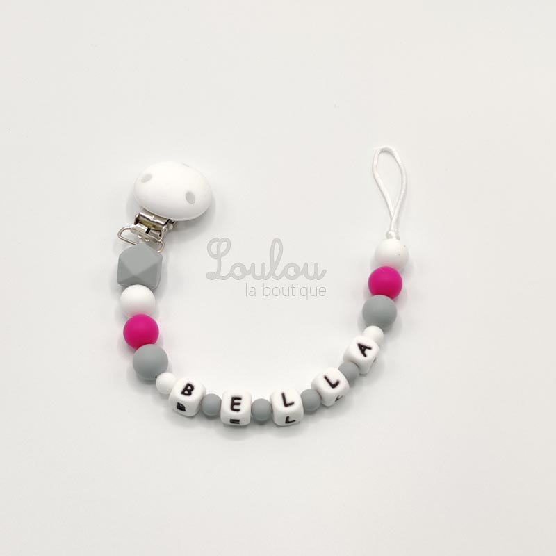 Attache tétine personnalisée 75 - Cadeau naissance -  Attache sucette avec prénom sans BPA fait main avec perles rose, silicone - www.louloulaboutique.com - Accessoire bébé éveil