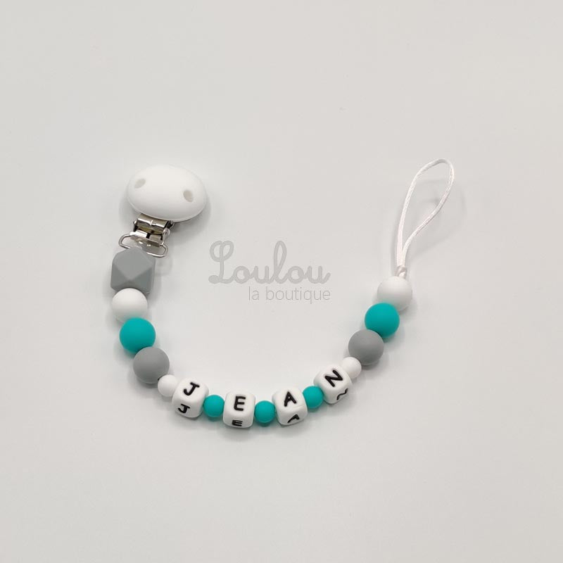 Attache tétine personnalisée 76 - Cadeau naissance - Attache sucette avec prénom sans BPA fait main avec perles silicone, vert - www.louloulaboutique.com - Accessoire bébé éveil