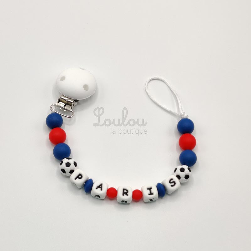 Attache tétine personnalisée 77 - Cadeau naissance -  Attache sucette avec prénom sans BPA fait main avec perles bleu, foot, rouge, silicone - www.louloulaboutique.com - Accessoire bébé éveil