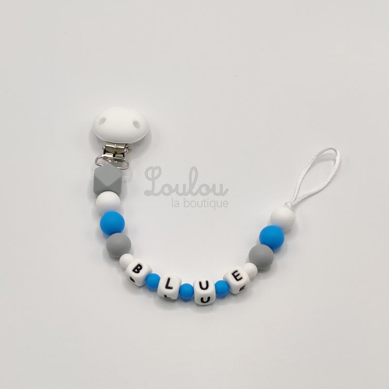 Attache tétine personnalisée 78 - Cadeau naissance -  Attache sucette avec prénom sans BPA fait main avec perles bleu, silicone - www.louloulaboutique.com - Accessoire bébé éveil