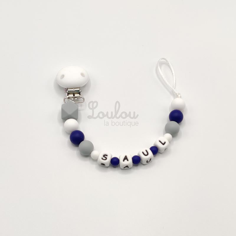 Attache tétine personnalisée 81 - Cadeau naissance -  Attache sucette avec prénom sans BPA fait main avec perles bleu, silicone - www.louloulaboutique.com - Accessoire bébé éveil