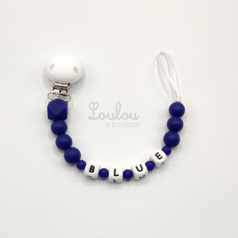 Attache tétine personnalisée 82 - Cadeau naissance - Attache sucette avec prénom sans BPA fait main avec perles bleu, silicone - www.louloulaboutique.com - Accessoire bébé éveil