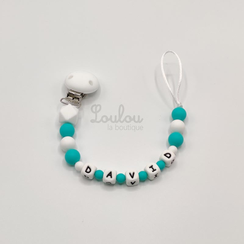 Attache tétine personnalisée 86 - Cadeau naissance -  Attache sucette avec prénom sans BPA fait main avec perles silicone, vert - www.louloulaboutique.com - Accessoire bébé éveil