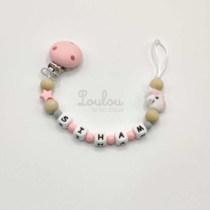 Attache tétine personnalisée 91 - Cadeau naissance -  Attache sucette avec prénom sans BPA fait main avec perles licorne, rose, silicone - www.louloulaboutique.com - Accessoire bébé éveil