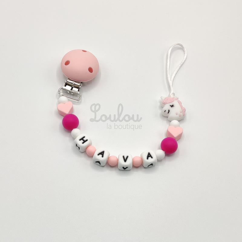 Attache tétine personnalisée 95 - Cadeau naissance -  Attache sucette avec prénom sans BPA fait main avec perles coeur, licorne, rose, silicone - www.louloulaboutique.com - Accessoire bébé éveil