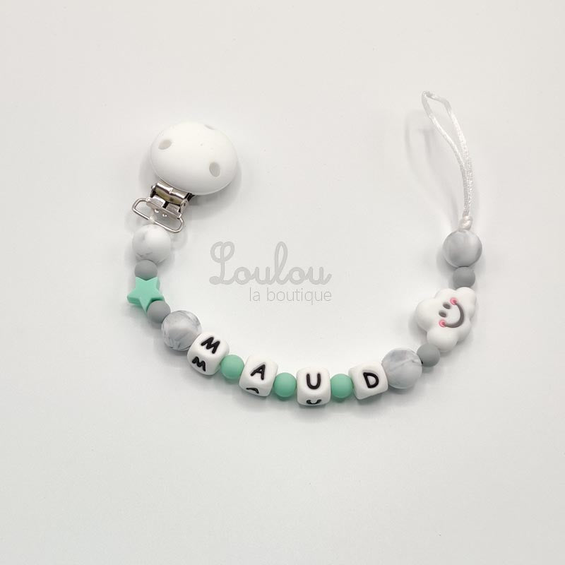 Attache tétine personnalisée 97 - Cadeau naissance -  Attache sucette avec prénom sans BPA fait main avec perles nuage, silicone, étoile - www.louloulaboutique.com - Accessoire bébé éveil