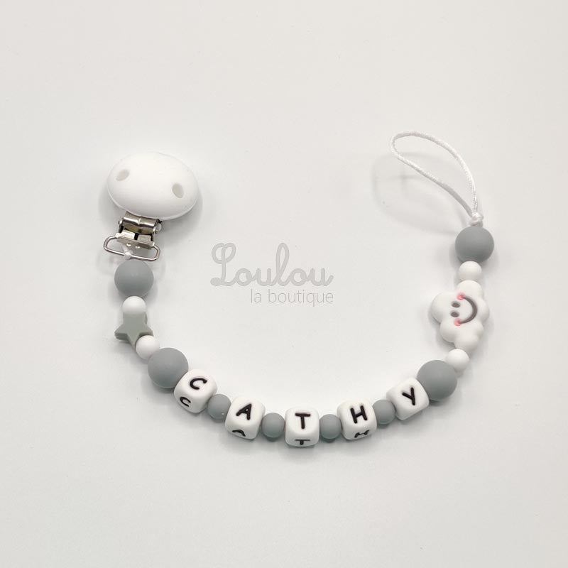 Attache tétine personnalisée 98 - Cadeau naissance -  Attache sucette avec prénom sans BPA fait main avec perles gris, nuage, silicone, étoile - www.louloulaboutique.com - Accessoire bébé éveil