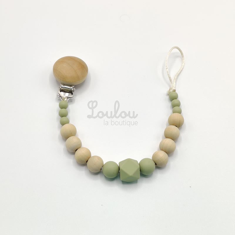 Attache tétine 1 - Cadeau naissance - Attache sucette sans BPA fait main avec perles bois, vert - www.louloulaboutique.com - Accessoire bébé éveil