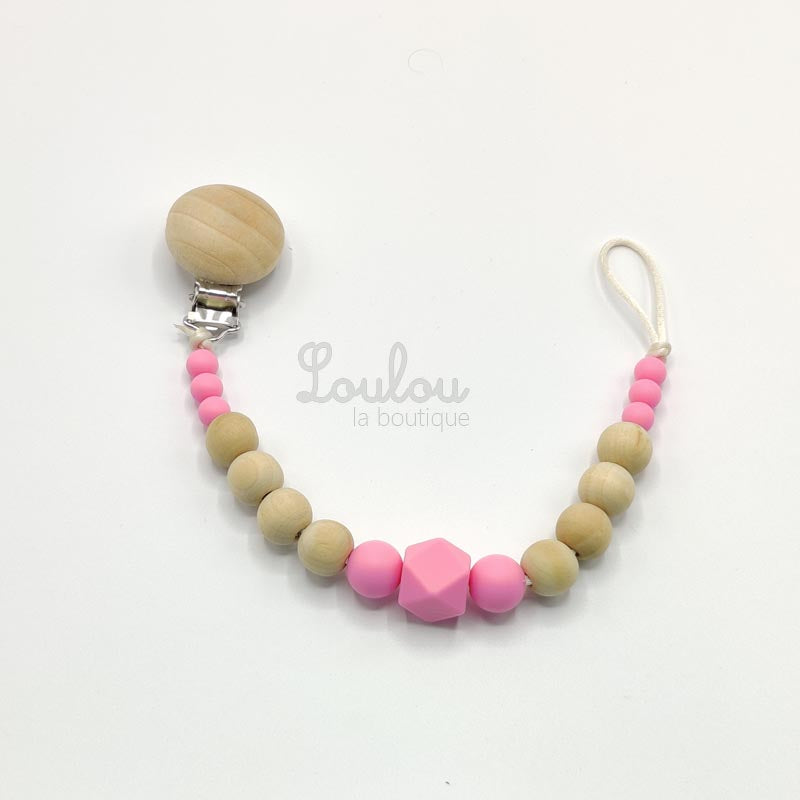 Attache tétine 10 - Cadeau naissance - Attache sucette sans BPA fait main avec perles bois, rose - www.louloulaboutique.com - Accessoire bébé éveil