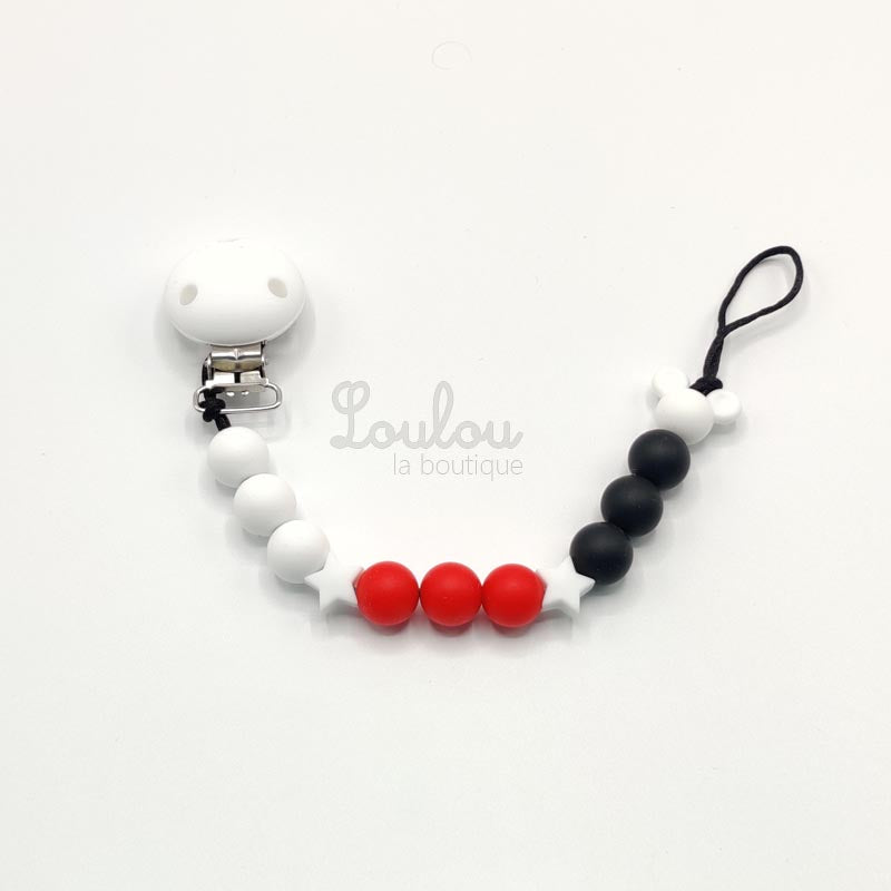 Attache tétine 11 - Cadeau naissance -  Attache sucette sans BPA fait main avec perles blanc, mickey, noir, rouge, silicone - www.louloulaboutique.com - Accessoire bébé éveil