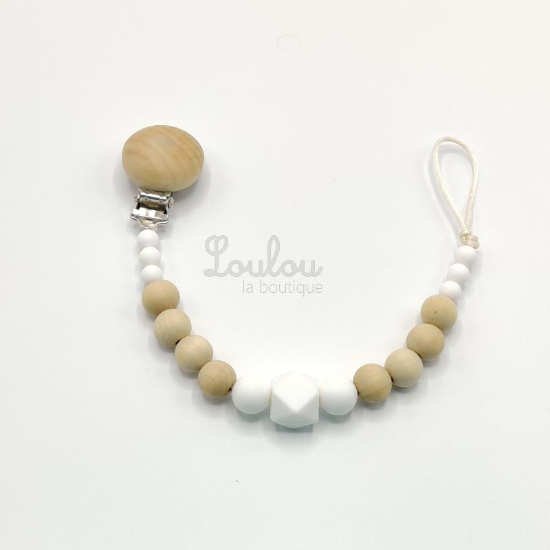 Attache tétine 12 - Cadeau naissance - Attache sucette sans BPA fait main avec perles blanc, bois - www.louloulaboutique.com - Accessoire bébé éveil