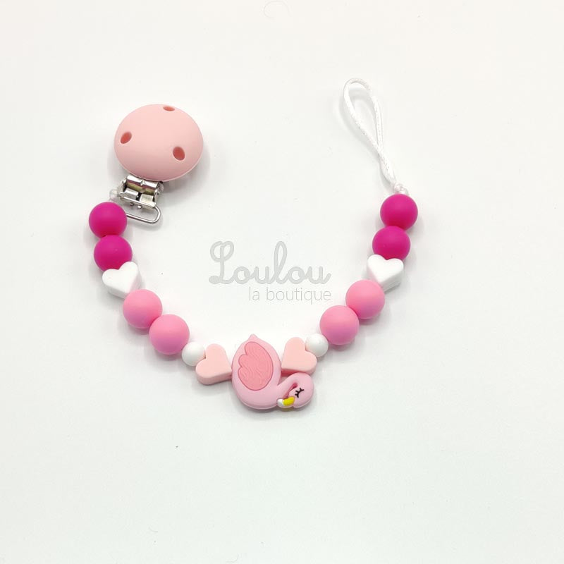 Attache tétine 14 - Cadeau naissance -  Attache sucette sans BPA fait main avec perles coeur, flamant, rose, silicone - www.louloulaboutique.com - Accessoire bébé éveil