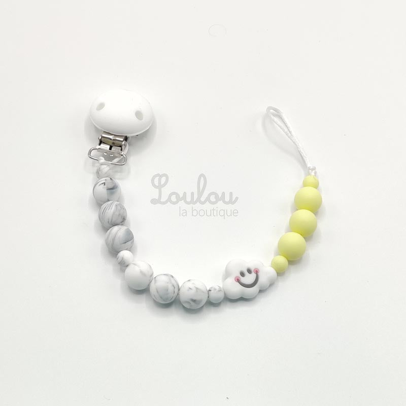 Attache tétine 16 - Cadeau naissance - Attache sucette sans BPA fait main avec perles jaune, nuage, silicone - www.louloulaboutique.com - Accessoire bébé éveil