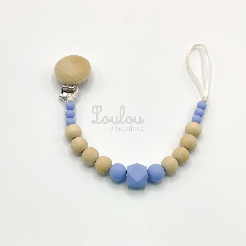 Attache tétine 17 - Cadeau naissance -  Attache sucette sans BPA fait main avec perles bleu, bois - www.louloulaboutique.com - Accessoire bébé éveil