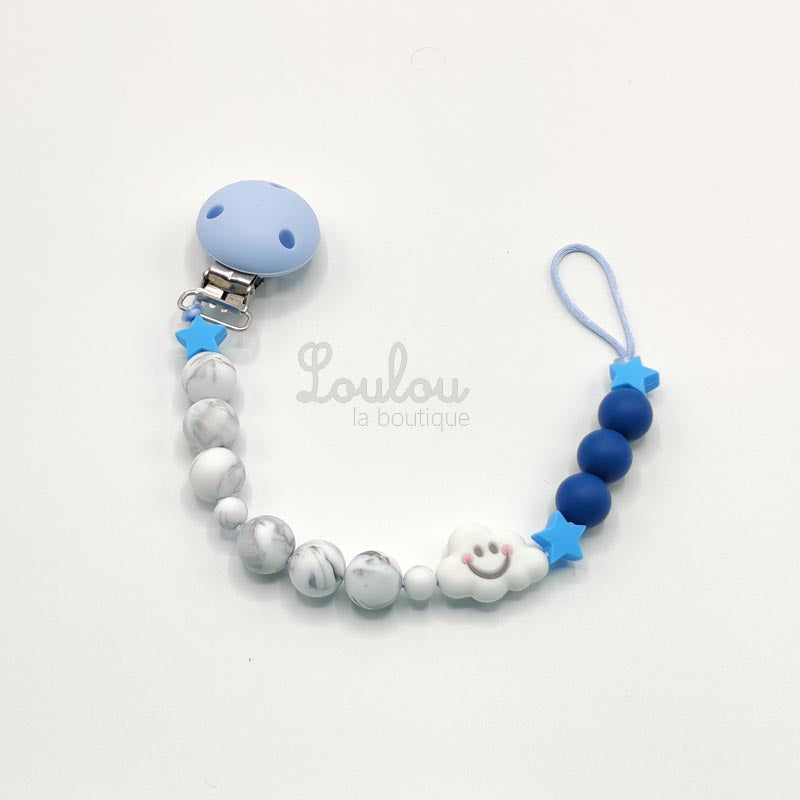 Attache tétine 18 - Cadeau naissance - Attache sucette sans BPA fait main avec perles bleu, nuage, silicone, étoile - www.louloulaboutique.com - Accessoire bébé éveil