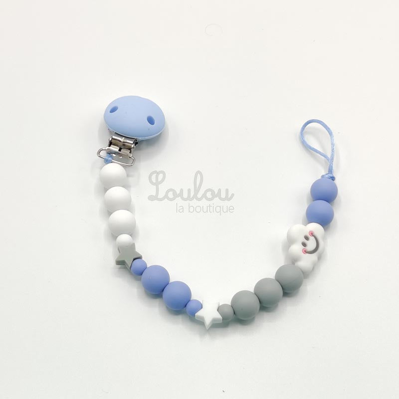 Attache tétine 19 - Cadeau naissance - Attache sucette sans BPA fait main avec perles bleu, nuage, silicone, étoile - www.louloulaboutique.com - Accessoire bébé éveil