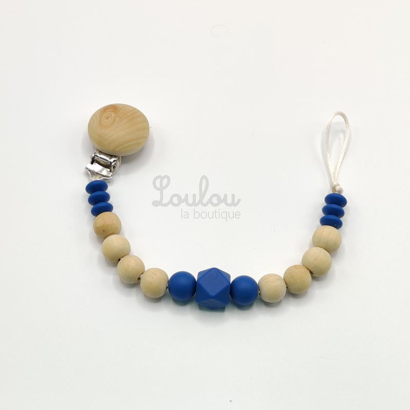 Attache tétine 21 - Cadeau naissance - Attache sucette sans BPA fait main avec perles bleu, bois - www.louloulaboutique.com - Accessoire bébé éveil
