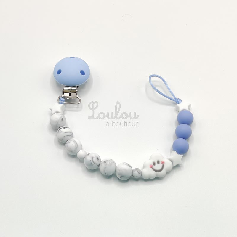 Attache tétine 22 - Cadeau naissance - Attache sucette sans BPA fait main avec perles bleu, nuage, silicone, étoile - www.louloulaboutique.com - Accessoire bébé éveil
