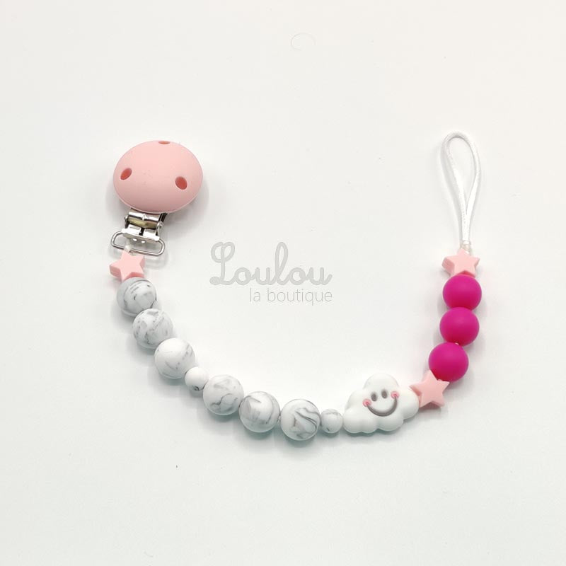 Attache tétine 24 - Cadeau naissance - Attache sucette sans BPA fait main avec perles nuage, rose, silicone, étoile - www.louloulaboutique.com - Accessoire bébé éveil