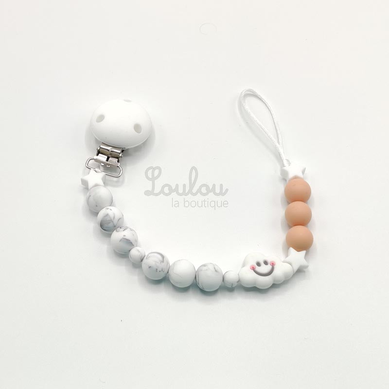 Attache tétine 25 - Cadeau naissance -  Attache sucette sans BPA fait main avec perles nuage, pêche, silicone, étoile - www.louloulaboutique.com - Accessoire bébé éveil