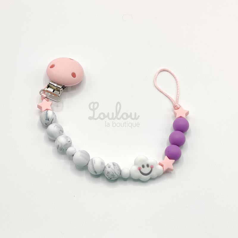 Attache tétine 26 - Cadeau naissance -  Attache sucette sans BPA fait main avec perles nuage, silicone, violet, étoile - www.louloulaboutique.com - Accessoire bébé éveil