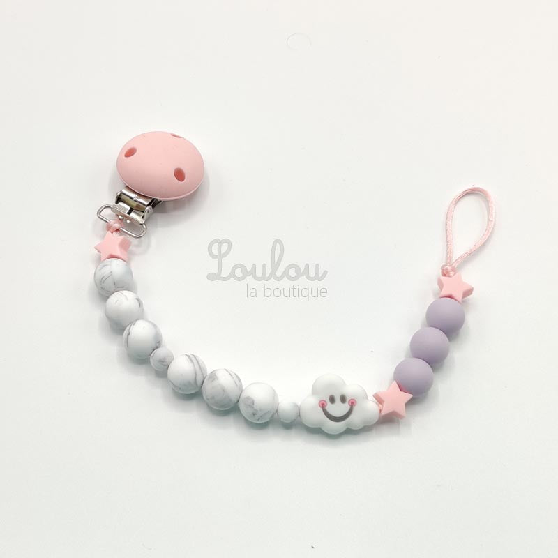 Attache tétine 27 - Cadeau naissance -  Attache sucette sans BPA fait main avec perles nuage, silicone, violet, étoile - www.louloulaboutique.com - Accessoire bébé éveil