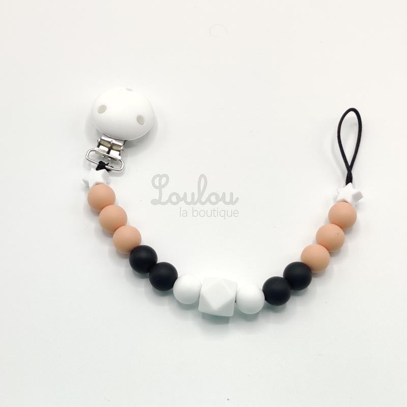 Attache tétine 28 - Cadeau naissance -  Attache sucette sans BPA fait main avec perles blanc, noir, pêche, silicone, étoile - www.louloulaboutique.com - Accessoire bébé éveil