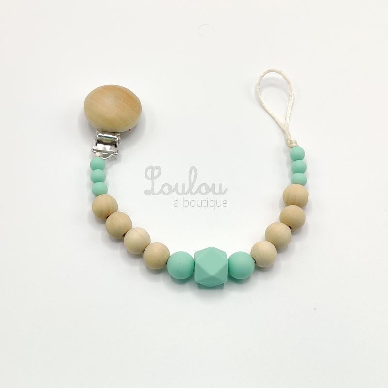 Attache tétine 3 - Cadeau naissance - Attache sucette sans BPA fait main avec perles bois, vert - www.louloulaboutique.com - Accessoire bébé éveil
