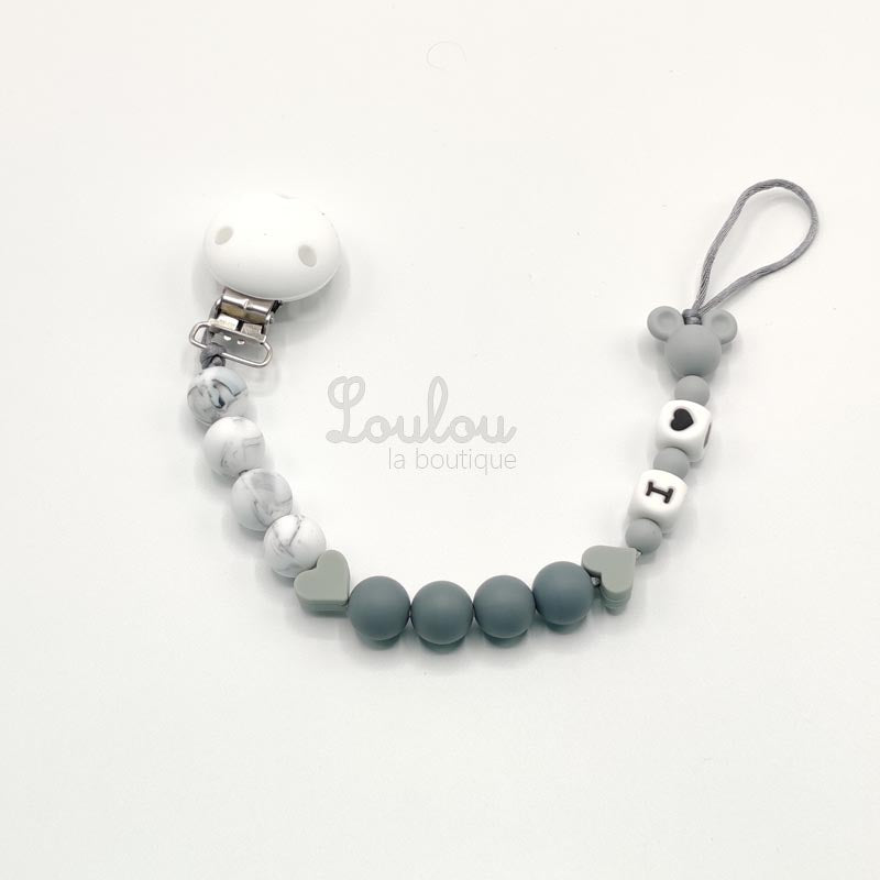 Attache tétine 31 - Cadeau naissance -  Attache sucette sans BPA fait main avec perles coeur, gris, mickey, silicone - www.louloulaboutique.com - Accessoire bébé éveil