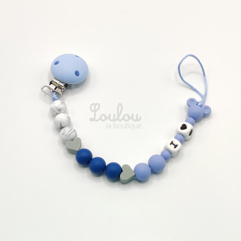 Attache tétine 32 - Cadeau naissance -  Attache sucette sans BPA fait main avec perles bleu, coeur, mickey, silicone - www.louloulaboutique.com - Accessoire bébé éveil
