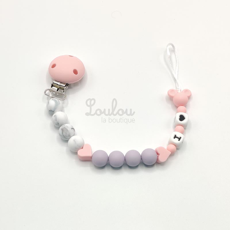 Attache tétine 33 - Cadeau naissance -  Attache sucette sans BPA fait main avec perles coeur, mickey, rose, silicone, violet - www.louloulaboutique.com - Accessoire bébé éveil