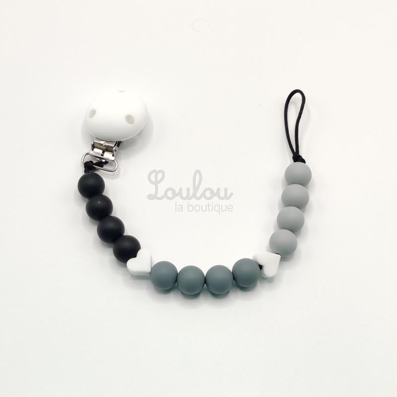 Attache tétine 34 - Cadeau naissance -  Attache sucette sans BPA fait main avec perles coeur, gris, noir, silicone - www.louloulaboutique.com - Accessoire bébé éveil