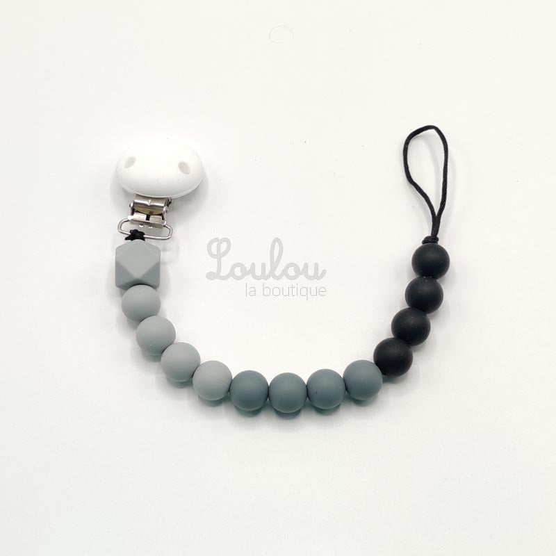 Attache tétine 35 - Cadeau naissance -  Attache sucette sans BPA fait main avec perles gris, noir, silicone - www.louloulaboutique.com - Accessoire bébé éveil