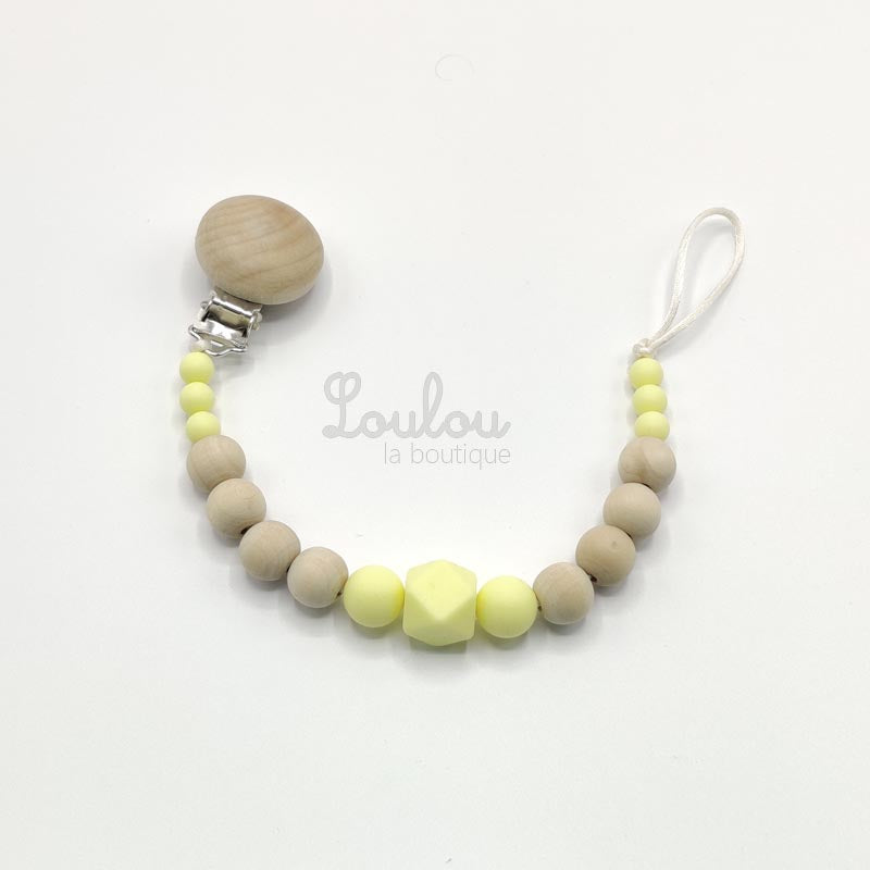 Attache tétine 5 - Cadeau naissance -  Attache sucette sans BPA fait main avec perles bois, jaune - www.louloulaboutique.com - Accessoire bébé éveil
