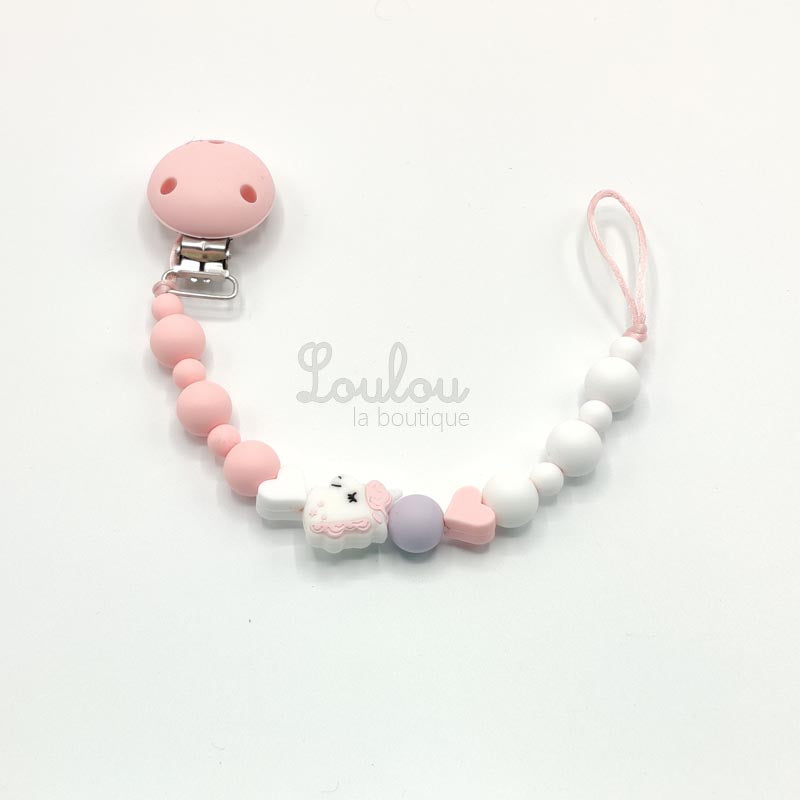 Attache tétine 7 - Cadeau naissance - Attache sucette sans BPA fait main avec perles blanc, coeur, licorne, rose, silicone - www.louloulaboutique.com - Accessoire bébé éveil