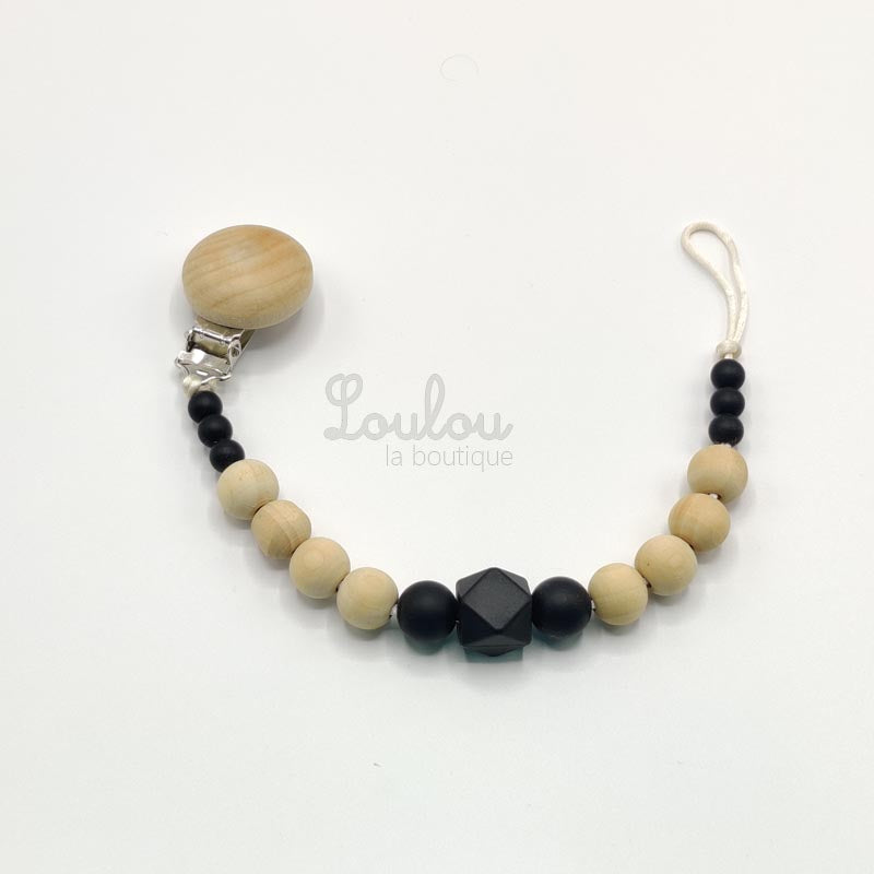 Attache tétine 8 - Cadeau naissance -  Attache sucette sans BPA fait main avec perles bois, noir - www.louloulaboutique.com - Accessoire bébé éveil