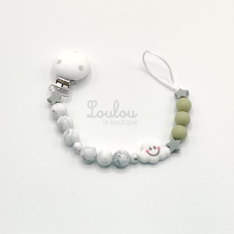 Attache tétine 9 - Cadeau naissance - Attache sucette sans BPA fait main avec perles nuage, silicone, vert - www.louloulaboutique.com - Accessoire bébé éveil