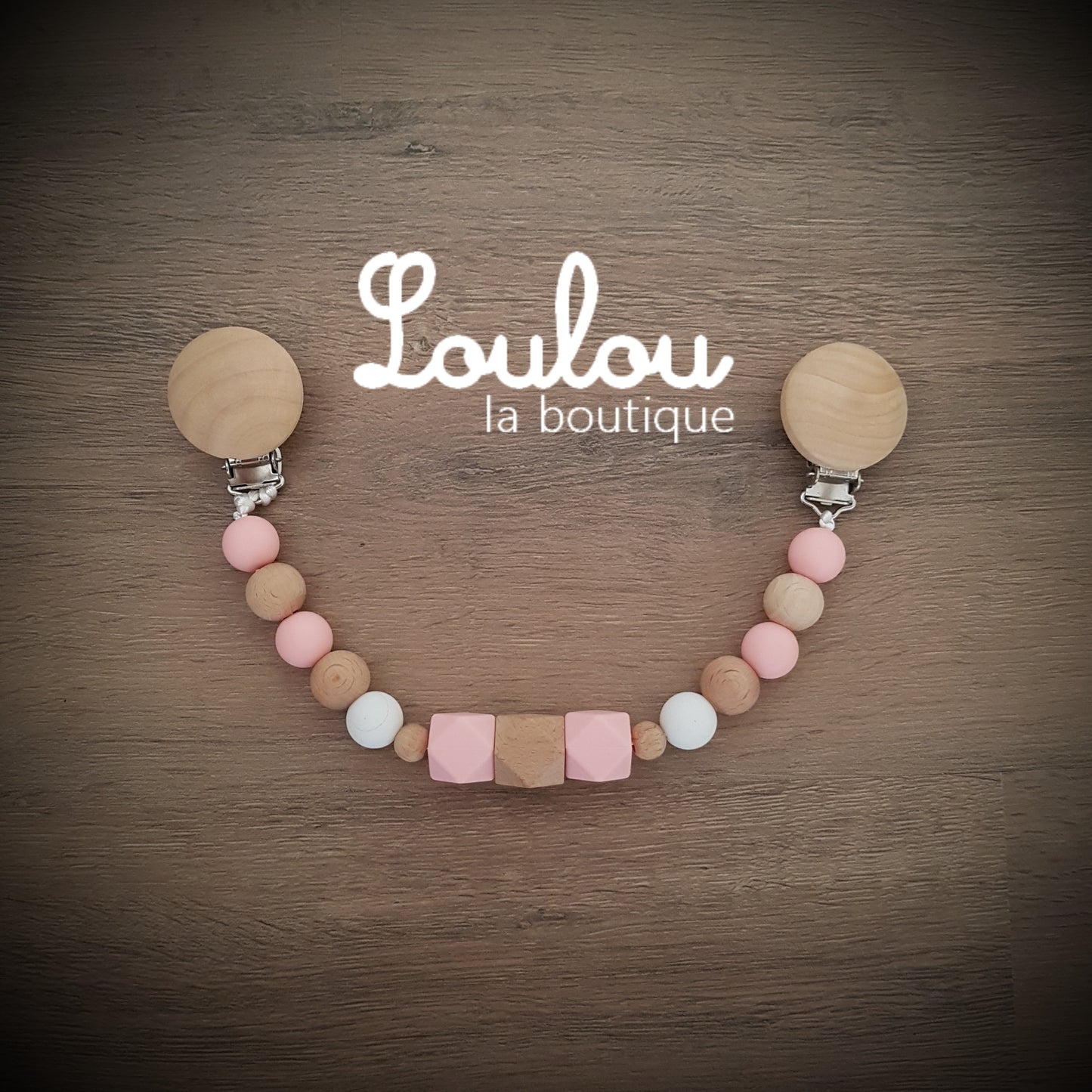 attache doudou attache-doudou Loulou la boutique cadeau naissance éveil dentition accessoire bébé baby shower liste de naissance perle silicone sans BPA bois rose