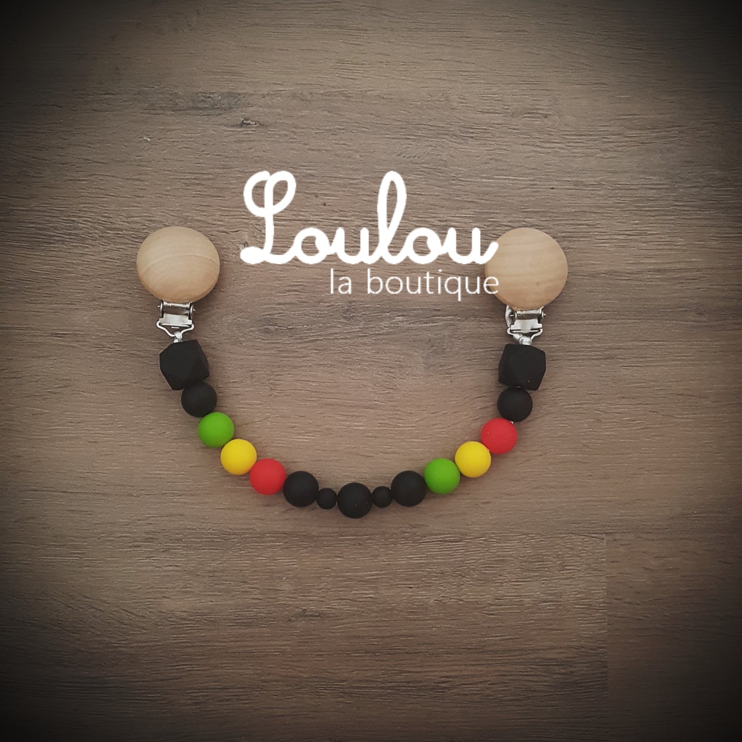 attache doudou personnalisé personnalisable attache-doudou Loulou la boutique cadeau naissance éveil dentition accessoire bébé baby shower liste de naissance perle silicone sans BPA bois vert JAUNE ROUGE