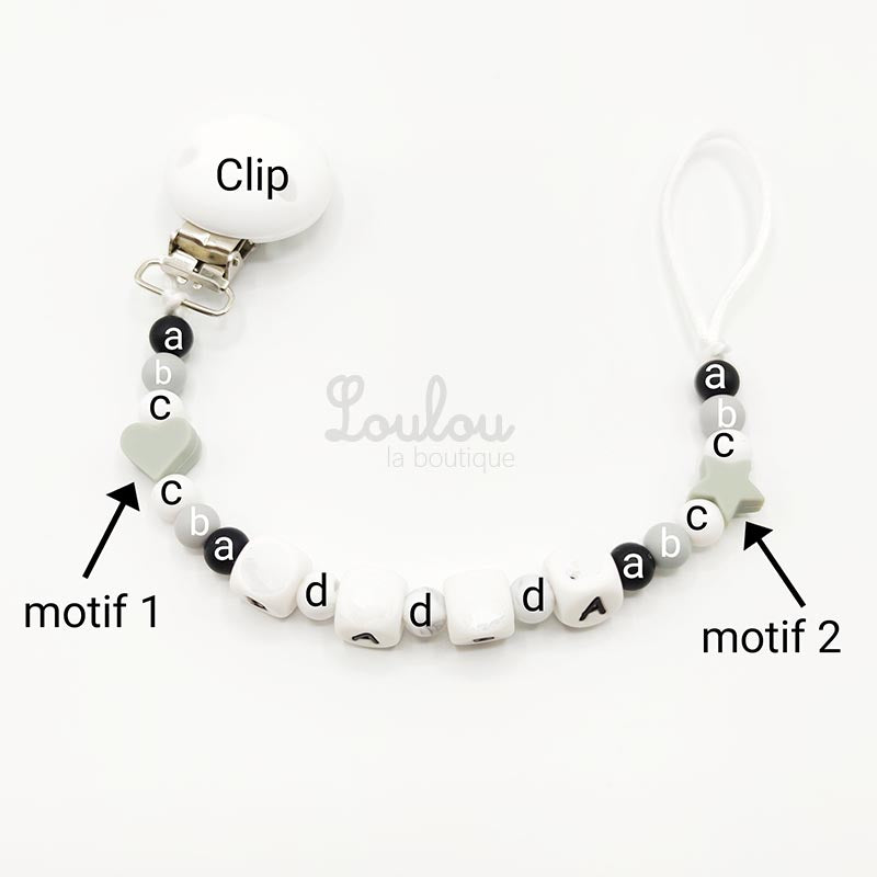 Attache tétine sur mesure 2 - Cadeau naissance - Attache sucette avec prénom sans BPA fait main avec perles sur mesure - www.louloulaboutique.com - Accessoire bébé éveil