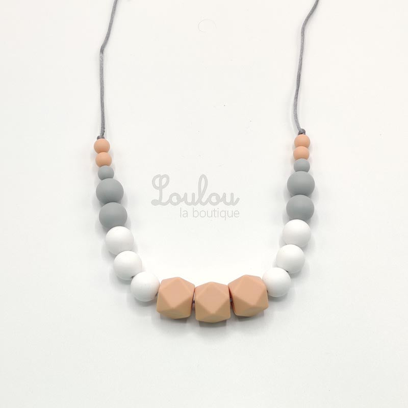 Collier d'allaitement 1 - Collier de portage doux et élégant - Cadeau naissance - Jouet dentition - Produit en perle silicone et bois - Soulage poussée dentaire - www.louloulaboutique.com