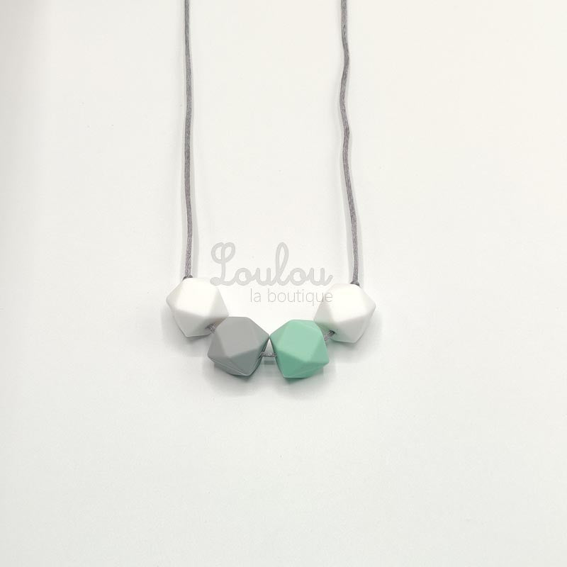 Collier d'allaitement 18 - Collier de portage doux et élégant - Cadeau naissance - Jouet dentition - Produit en perle silicone et bois - Soulage poussée dentaire - www.louloulaboutique.com