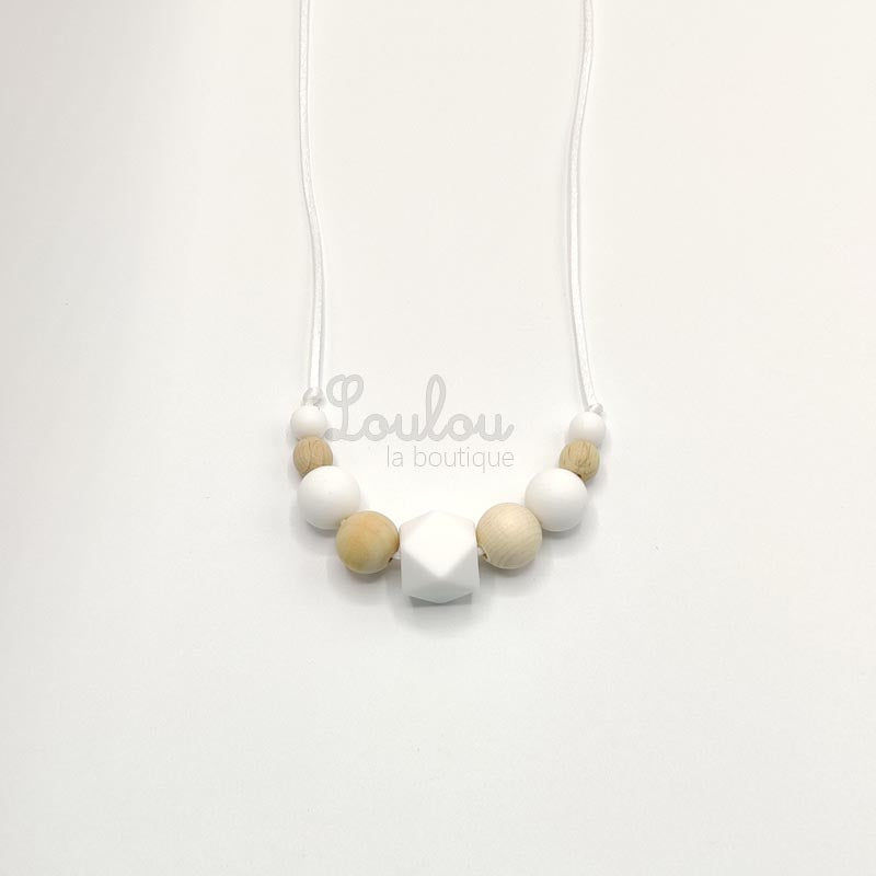 Collier d'allaitement 5 - Collier de portage doux et élégant - Cadeau naissance - Jouet dentition - Produit en perle silicone et bois - Soulage poussée dentaire - www.louloulaboutique.com