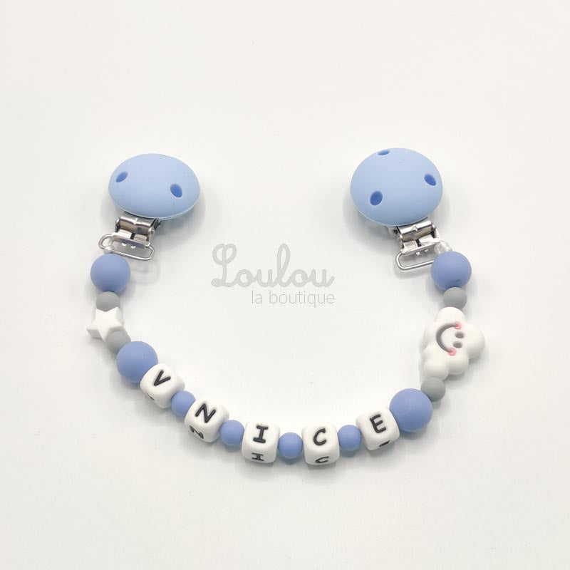 www.louloulaboutique.com attache doudou personnalisée silicone bleu nuage